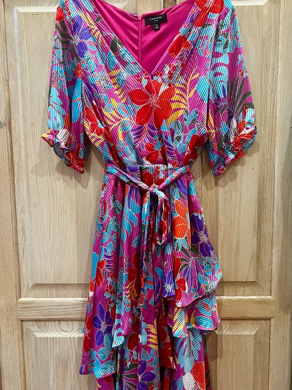 Tahari ASL Pink & Red Floral Wrap Mini Dress - Picture 2 of 6